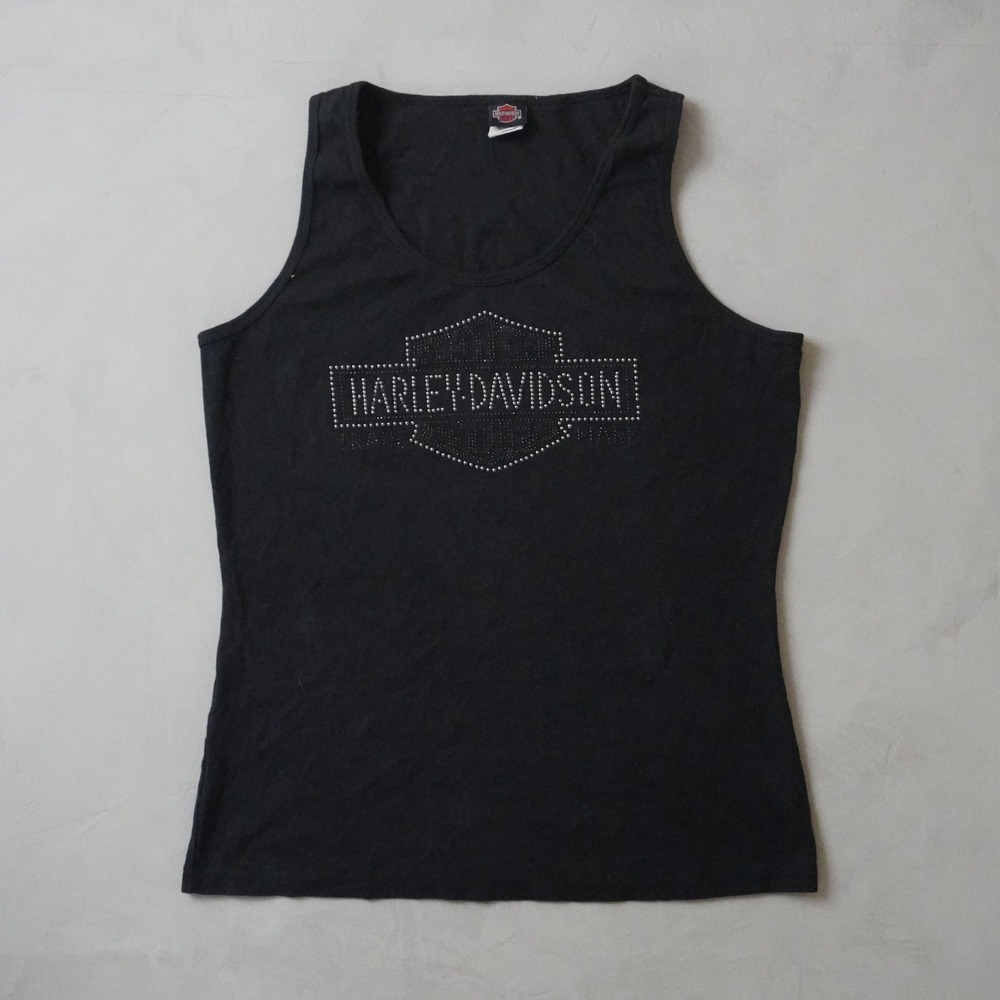 Vintage Harley Davidson Tank Top XL Womens Black Studded Logo Miami Beach Biker